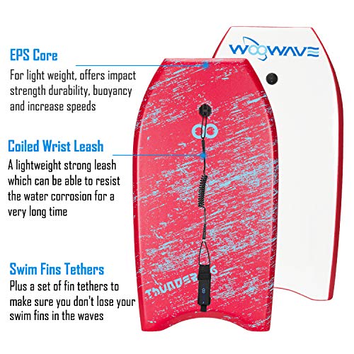 Image of WOOWAVE Bodyboard 33-inch /36-inch /41-inch Super Lightweight Body Board with Coiled Wrist Leash, Swim Fin Tethers, EPS Core and Slick Bottom, Perfect Surfing for Kids Teens and Adults(36 inch, Red)