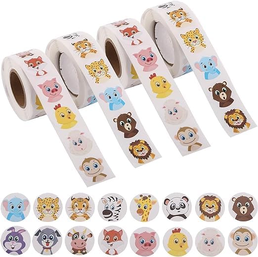 2000 PCS Adorable Round Face Animal Stickers in 16 Designs with Perforated Line Incentive Stickers for Kids, for Classroom Supplies 4 Roll Cute Motivating Stickers Classroom Party Decoration