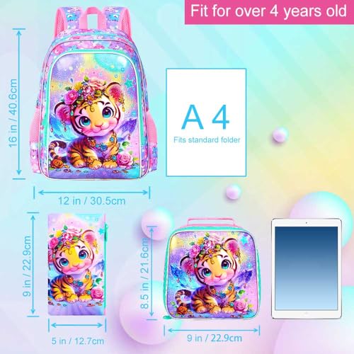 Image of 3Pcs Backpack for Girls, 16 inch Kids Bookbag with Lunch Box,Tiger School Backpacks for Elementary Preschool Kindergarten (Pink)