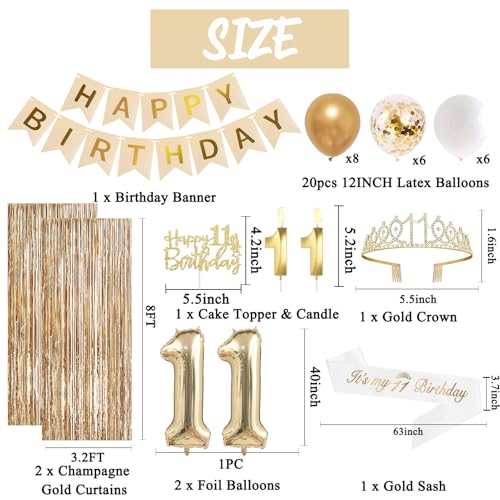 Image of Trgowaul 11th Birthday Decorations for Girls, Banner, Sash and Crown, Cake Topper, 11 Number Balloon, Fringe Curtains, Champagne Gold 11th Birthday Party Supplies