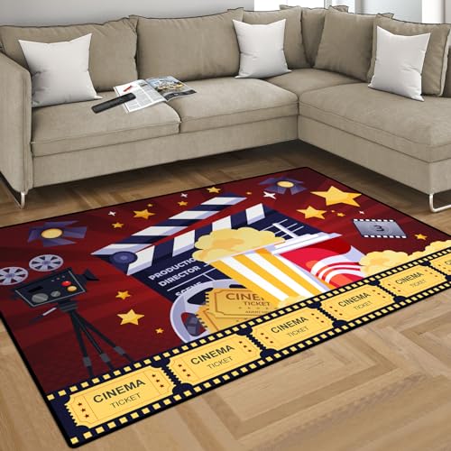 Lacut Movie Area Rugs, Movie Night Home Theater Floor Mat Upgrade Silicone Dot Non-Slip Cinema Sign Area Carpet, Large Vintage Film Rugs for Home Cinema Living Room Bedroom Decor (60" x 40", Movie 3)
