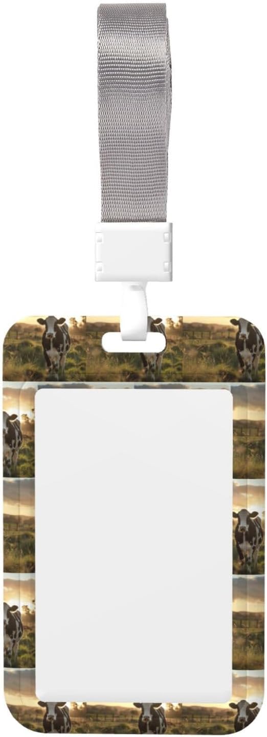 Dairy Cow Printed Id Badge Holder with Neck Strap Vertical Waterproof Name Card Holder for Office School