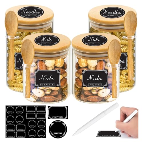 Comfivibe Bocaux en verre, Bocal en verre avec couvercle, 750ml/550ml, 4 Pot epices verre Avec 4 cuillères, Avec 1 marqueur & 16 Autocollants pour étiquettes, Pour épices, thés, noix, graines etc