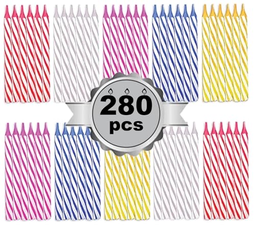 Cwise 280-Count Birthday Candles Bulk Pack with Holders – Spiral Cake & Cupcake Candles – Multicolor Slim Party Candles – Colorful Cake Decorations
