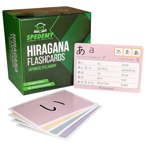 Spedemy Learn Japanese with 266 Hiragana Flash Cards with Chart β Colorful Japanese Vocabulary Flashcards - 399 Words with Katakana equivalents β Japanese Alphabet Learning for Adult Beginners
