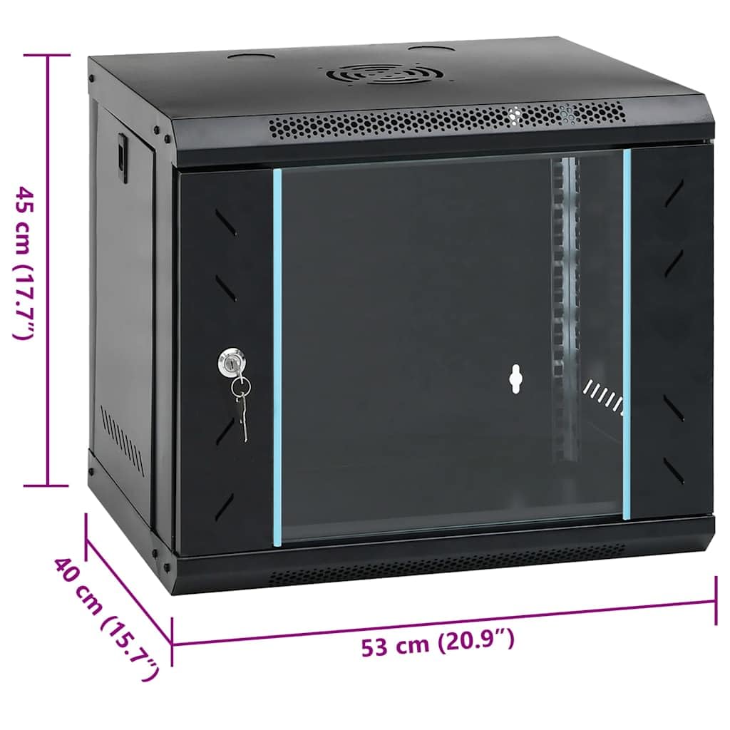 9HE - Armadietto di rete da 19", 53 x 40 x 45 cm, montaggio a parete, alloggiamento in acciaio nero, per accessori server