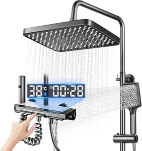 Koeutoze Duschsystem mit LED-Anzeige, Regendusche 30 x 20 cm, Handbrause, 4 Wassersprühmodi, Höhe verstellbar 69-103 cm, Silber
