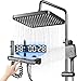 Koeutoze Duschsystem mit LED-Anzeige, Regendusche 30 x 20 cm, Handbrause, 4 Wassersprühmodi, Höhe verstellbar 69-103 cm, Silber