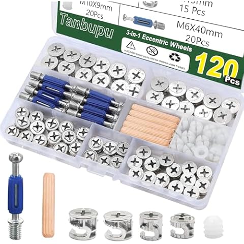 Tanbupu 120PCS Cam Locks for Furniture,3-in-1 Eccentric Hardware Wheels, Cam Lock Nuts and Cam Screws, Furniture Cam Lock Fasteners for Drawer Dresser Cabinet Cover