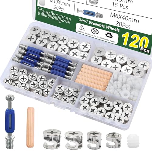Tanbupu 120PCS Cam Locks for Furniture,3-in-1 Eccentric Hardware Wheels, Cam Lock Nuts and Cam Screws, Furniture Cam Lock Fasteners for Drawer Dresser Cabinet