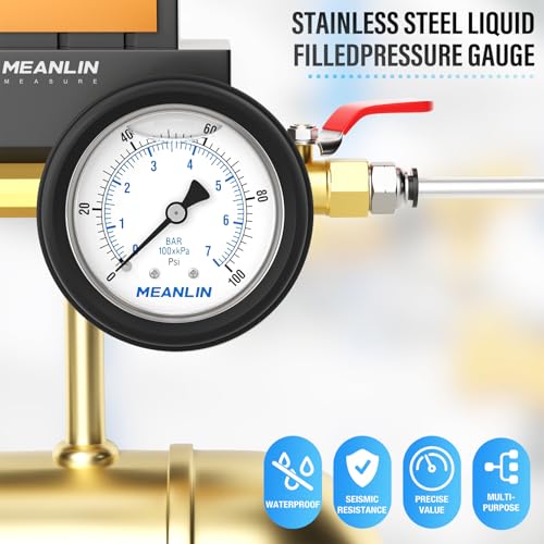 Image of MEANLIN MEASURE 0~100Psi Stainless Steel 1 /4 inch NPT 2.5 inch FACE DIAL,Liquid Filled Pressure Gauge, Center Back Mount (with Rubber Protective Sleeve), with 1 /2 inch NPT and 3 /8 inch NPT Hex Bushing