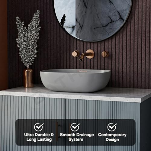 Image of Designer Ceramic Wash Basin For Bathroom | Over Counter Bathroom Basin | Counter Top Bathroom Sink | Wash Basin For Restaurant, Hotel (18 x13 x 5 Inch) (13x18 Grey)