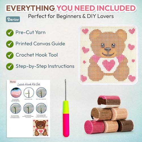 Image of Darice Latch Hook Rug Kit, Pink Bear Design DIY Latch Hook Kit for Kids & Adults, Color Canvas, PreCut Yarn & Hook Tool, Craft Activity & Gift for Kids