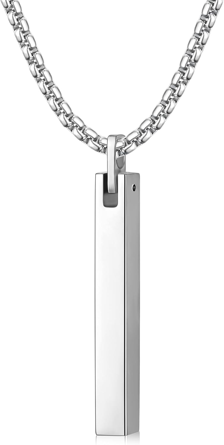 Fiusem Pendant Necklace for Men, Silver Tone/14k Gold Plated/Black Mens Pendant Necklaces with 2.5 mm Box Chain, Stainless Steel Bar Chain, 18-28 Inches