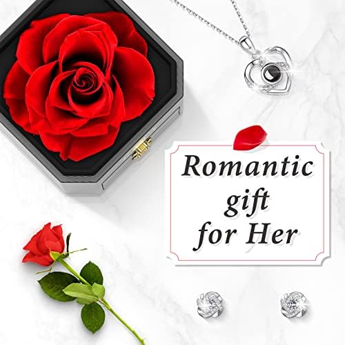 Preserved Rose Valentines Day Gifts for Her Girlfriend Women Mum with I Love You Necklace in 100 Languages and Earrings, Romantic Gifts for Wife on Birthday Anniversary