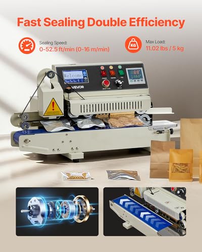 Image of VEVOR Continuous Bag Band Sealing Machine, 0.24-0.47 in Seal Width, Horizontal Band Sealer Machine with Ink Printing, Temp & Speed Adjustable, Heat Sealing Machine for 0.001-0.03 in Plastic Bags