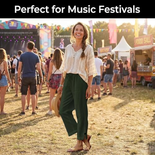 Image of Linen Pants Women 2026 Summer Beach Vacation Trousers Elastic Waist Linen Capris Pants Boho Casual Travel Pant