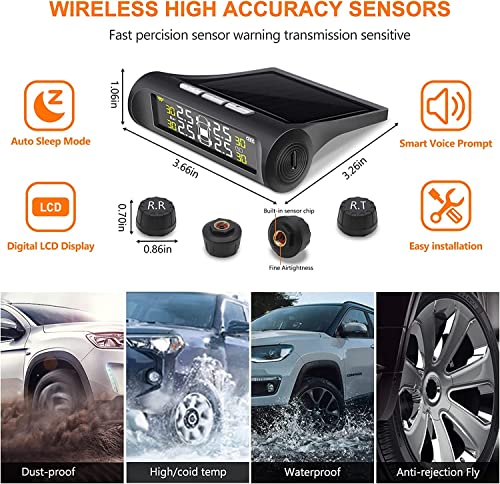 Tire Pressure Monitoring System, TPMS Solar Tire Pressure Monitor System Universal Wireless Car Alarm Waterproof External Sensors 6 Alarm Modes Real-time Pressure & Temperature for Rv Trailer Car - Thumbnail 5