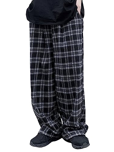 OYOANGLE Men's Plaid Print Drawstring Waist Straight Leg Long Pants with Pocket Y2k Streetwear Cargo Pants