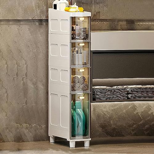 MEILISHAOMEI Gabinete de piso estrecho y alto, gabinete de baño de 3/4/5 niveles, organizador lateral con cajones de plástico y ruedas, gabinete de almacenamiento de papel higiénico resistente para
