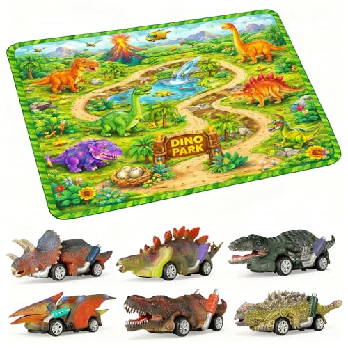 Image of Lefan Dinosaur Educational for 3 4 5 6 7 8 Years Old Boys Girls Kids Gifts 6 Dino Figure Dinosaur Toy Car Set with Dino Park Play Mat 6 Pull Back Dinosaur Cars for Kids Activity Play Set Gift Toy