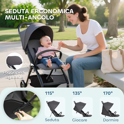 Aiyaplay Passeggino Leggero 6.3Kg Per Bambini 0-3 Anni Pieghevole Una Mano, Passeggino Compatto Reclinabile Con Cappottina E Poggiapiedi Regolabile, Ruote E Cesto Portaoggetti, Fino A 15 Kg, Grigio - 3