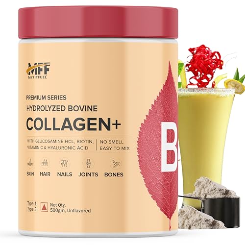 Image of MyFitFuel Hydrolyzed Bovine Collagen (500gm, Unflavored) with Biotin, Hyaluronic Acid, Zinc, Vitamin C & Glucosamine | For Skin, Hair, Nails & Joints