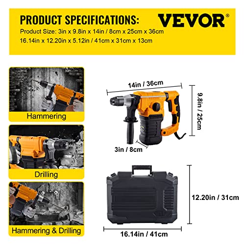Vevor Rotary Hammer, 1" Sds - Plus Hammer Drill With 4 Functions & 360 Degree Rotating Handle, 9.5A 1050W Variable Speed 0-850Rpm Corded Hammering Machine, Includes Chisels, Drill Bits And Case #TOP6