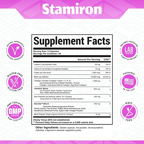 Stamiron Hair Skin And Nails Vitamins For Women With Biotin 10000Mcg Collagen 1000Mg Supplements Plus Keratin Hyaluronic Acid Saw Palmetto Bamboo Vitamin B & C For Hair Growth Nail & Skin - Usa Made #TOP2