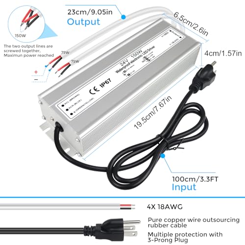 Image of LightingWill LED Driver 150 Watts Waterproof IP67 Power Supply Transformer, 90-265V AC to 24V DC Low Voltage Output, Adapter with 3-Prong Plug 3.3 Feet Cable for Outdoor Use, Computer Project