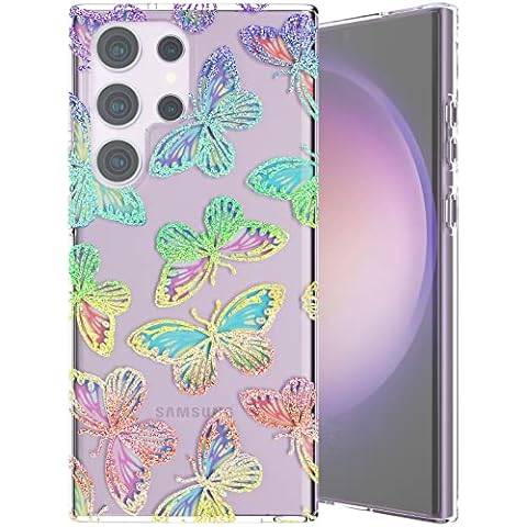 ooooops for Samsung Galaxy S24 Ultra Phone Case for Women Girls, Glitter Cute Red Purple Blue Butterfly Pattern, Slim Soft Border Hard Panel, Clear Protective Cover for Samsung S24Ultra (Colorful) Cover