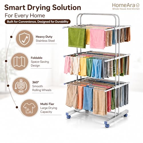 Image of Premium Heavy Duty Foldable Stainless Steel Cloth Drying Stand, 3 Tier | Mirror Finish | Laundry Racks | Clothes Stand | Cloth Drying Rack | Foldable and Movable