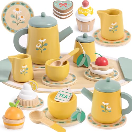 Toyssa Wooden Tea Party Set for Toddlers 3-5 Girls, Pretend Play Food Toys for Kids Kitchen Accessories with Tea Tray, Christmas Birthday Gifts for Girls 3 4 5 6 Educational Toys