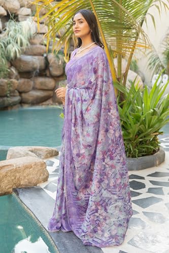 Image of MIRCHI FASHION Women Saree Floral Print Chiffon | Lightweight Festive Occasion Sari for Farewell and Functions with Unstitched Blouse Piece