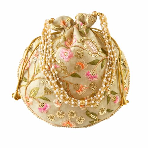 Image of Handcrafted Potli Purse with Golden Floral Embroidery and Pearl Accents