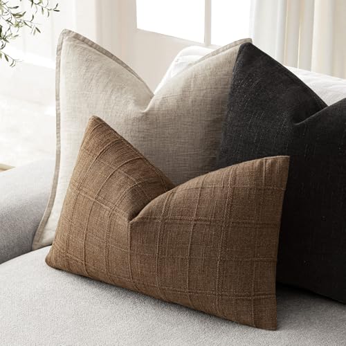Image of Foindtower Set of 1 Decorative Linen Check Throw Pillow Cover Neutral Farmhouse Lumbar Cushion Cover Modern Boho Home Decor for Sofa Chair Couch Bedroom Living Room,12x20 Inch,Brown Hazel