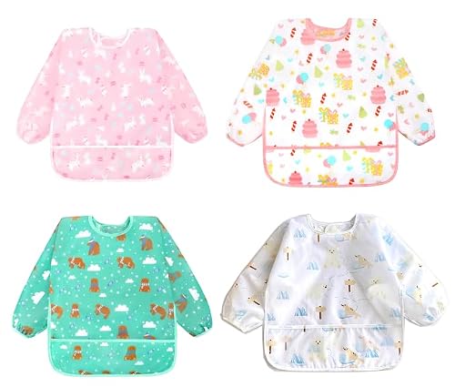 Accmor 4 Pack Baby Long Sleeve Bibs, Waterproof Full Sleeved Bib Baby Smock for Baby Toddler 6-36 Months