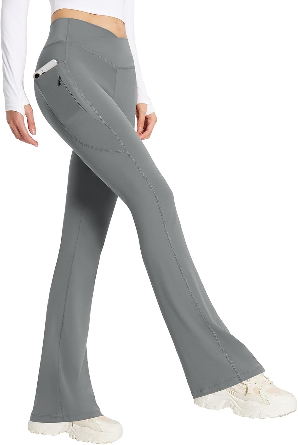 baleaf Women's Flare Leggings with Zipper Pockets Crossover High Waist Bootcut Yoga Pants Tummy Control Bell Bottom Leggings 32" Inseam Small Dark Grey