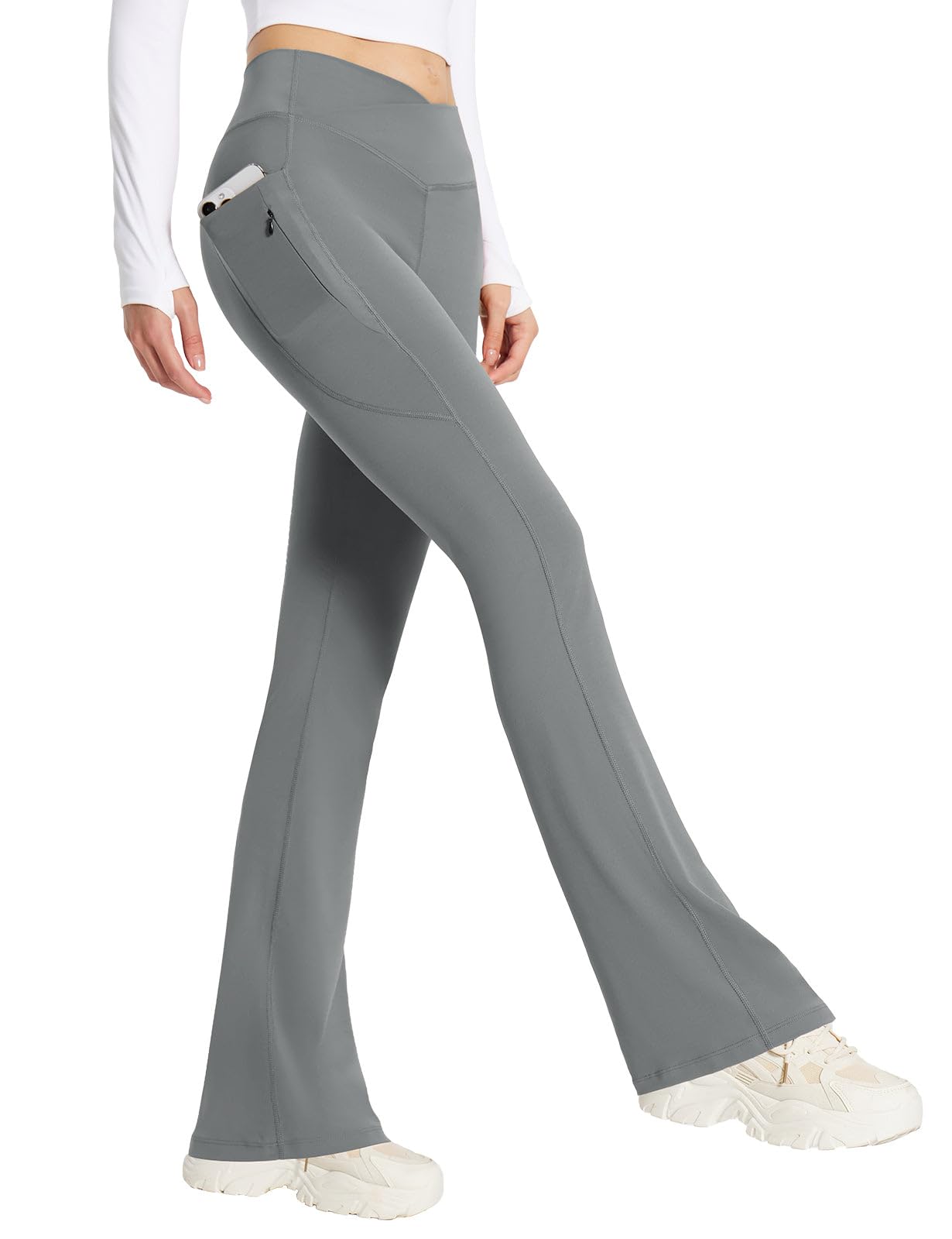 baleaf Women's Flare Leggings with Zipper Pockets Crossover High Waist Bootcut Yoga Pants Tummy Control Bell Bottom Leggings