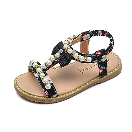 White Sandals for Girls Kids Baby Girls Sandals Bowknot Pearl Crystal Roman Sandals Princess Shoes (Black, 21)