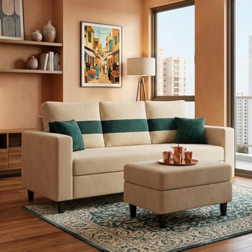 Image of FURNY Luxury Conva 4 Seater Sofa Set with Ottoman for Living Room |Soft Suede Fabric Upholstered | Modern Cushioned Comfortable Couch for Home Office & Drawing Room | Cream