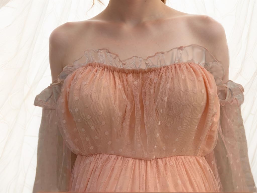 Maternity Dress for Photo Shoot-Lace Maternity Evening Gown for Baby Shower, Photography Long Puff Sleeve