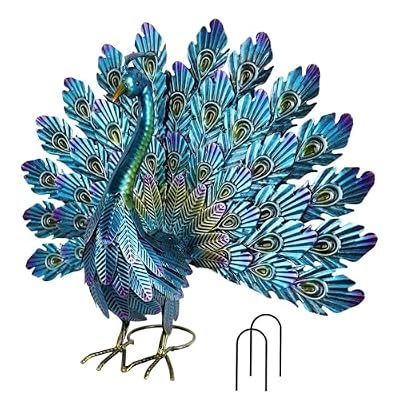 YEAHOME Garden Decor Outdoor Statues, 22.4" Large Metal Peacock Standing Yard Art, Blue Green Bird Lawn Sculptures Garden Decor for Outside Patio Porch Backyard