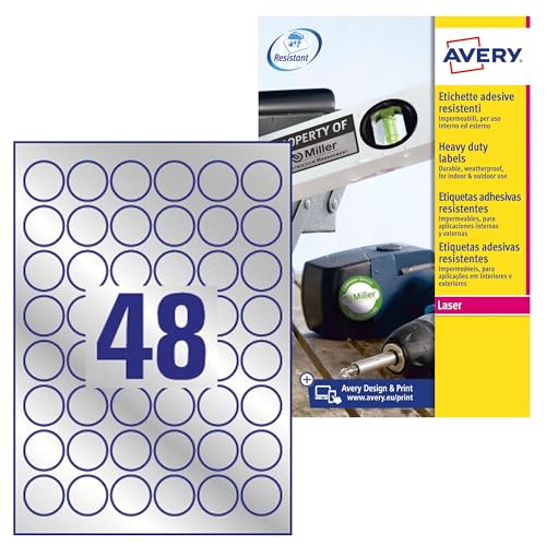 Étiquettes autocollantes Avery L6129 résistantes rondes 30 mm argentées pour impression laser A4