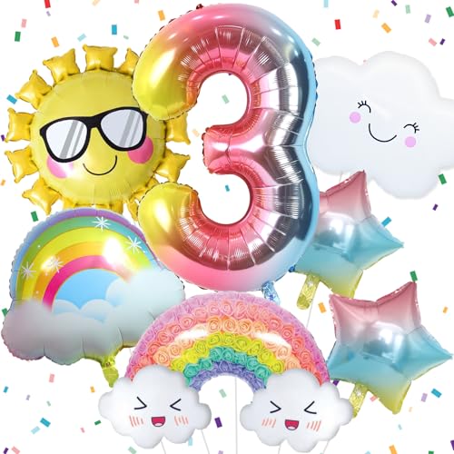 3rd Rainbow Birthday Decorations For Girl, 3 Rainbow Birthday Foil Balloons Set with Sun Gradient Stars and 40 Inch Number 3 Balloon for Girls 3rd Party Decorations