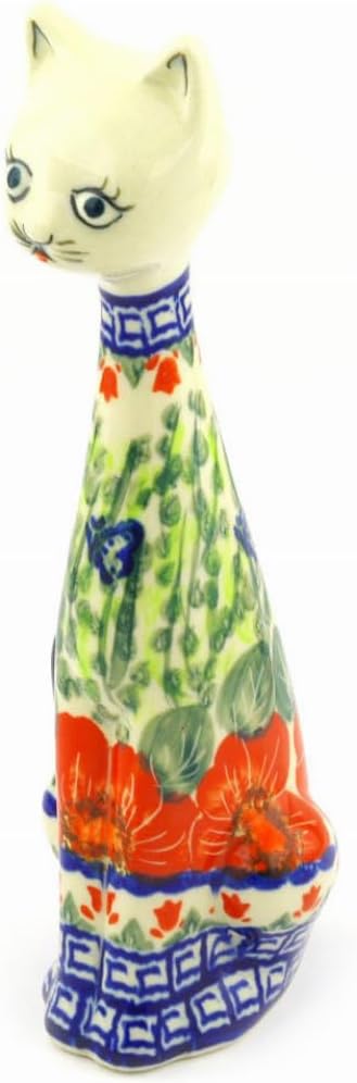 Polmedia Polish Pottery Cat Figurine - Pansy Morning Pattern Handmade in Boleslawiec Poland by Ceramika Bona + Certificate of Authenticity