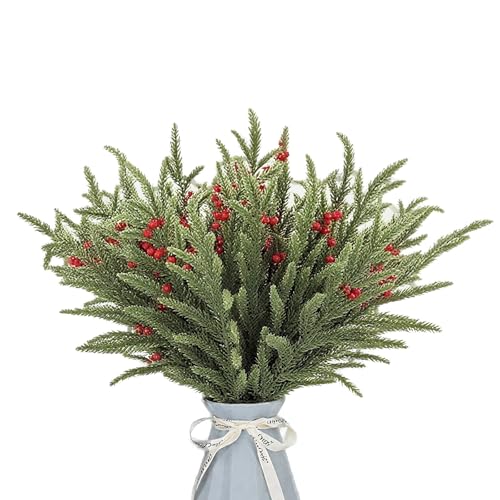 45 PCS Norfolk Pine Branches with Red Berry Stems 34cm Artificial Christmas Foliage Real Touch Norfolk Pine Stems for Christmas Wreath DIY Vase Filler Home Decoration