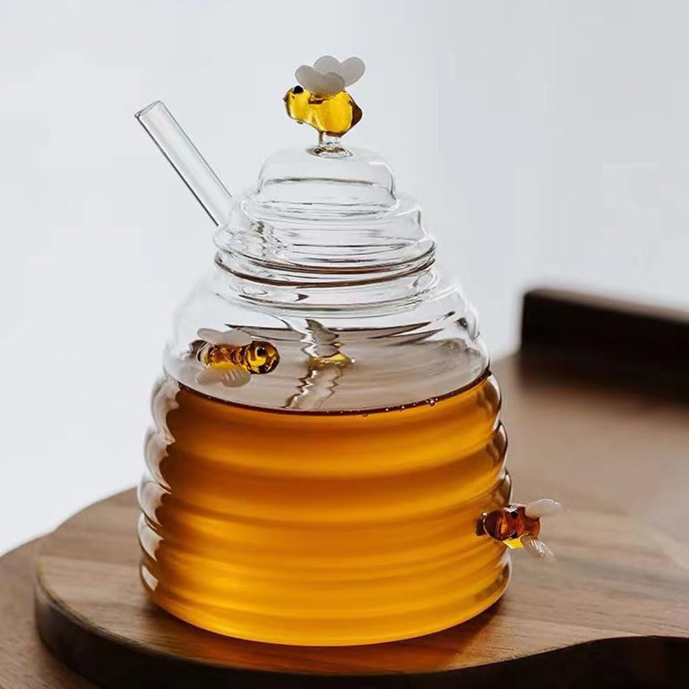 Barattolo per miele in vetro da 450 ml con decorazioni artistiche a forma di ape e cucchiaio in vetro