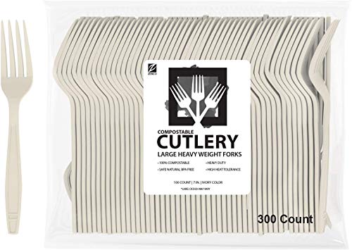ZenCo Biodegradable Compostable Disposable Cutlery - 300 Forks Large 7.0 in. Ivory - Heavy Duty Heat Resistant Eco Friendly Utensils for Office, Catering, Picnics or Birthdays (300 Count, Forks)