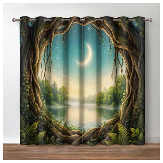 Jekeno Fantasy Forest Blackout Curtains - Magic Forest Trees Trunk Bright Moon Stars Theme Print Grommet Drapes Decor Home Bedroom Living Room Darkening Privacy Window Treatments 2 Panels Set, 52"x84"